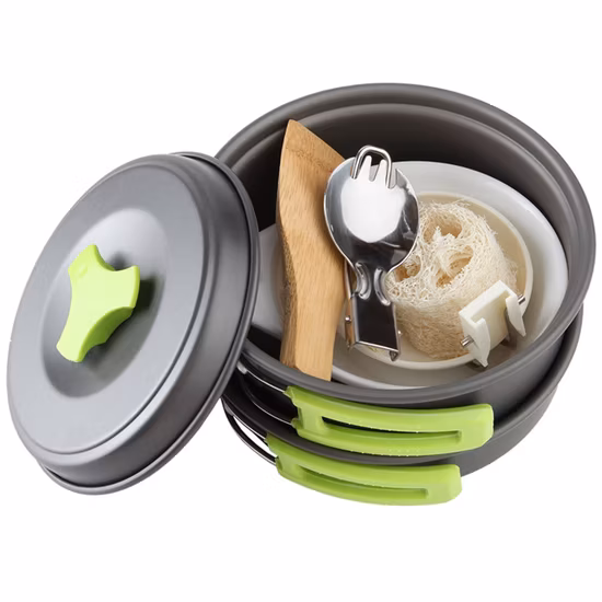 Small Pot and Frying Pan Outdoor Customized Camping Cookware Hard Alumina Portable Ultra Light Camping Cooker Set for 1-2 Person Use