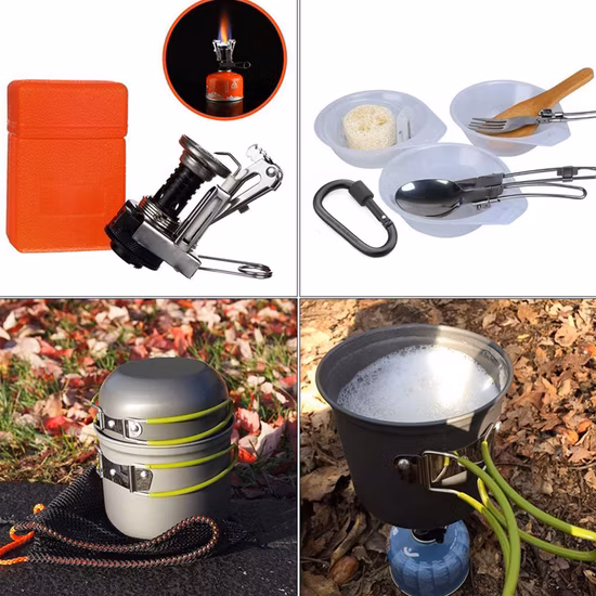 Camping-Kochgeschirr-Set, 16-teilig, Töpfe und Pfannen, antihaftbeschichtet, Kochset mit Klappmesser und Gabel, für Outdoor-Wanderungen